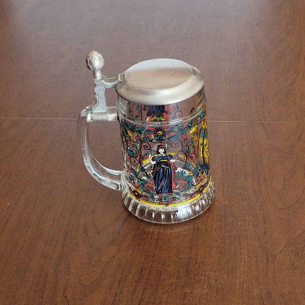Vintage West Germany Rein Zinn BMF Pewter Lid Glass Beer Stein Medieval Scene